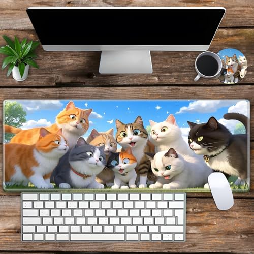 Large Gaming Mouse Pad Set with Wrist Support – 31.5" x 11.8" 4-in-1 XXL Mousepad with Keyboard Wrist Rest, Mouse Wrist Rest & Coaster – Ergonomic Desk Mat for Office, Home – Cat Family - color: Cat Family