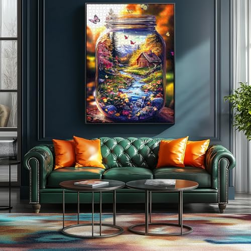 MINIWAN 1000 Piece Jigsaw Puzzle for Adults - Enchanted Mountain Jar | Log Cabin & Butterflies, 27.5x19.7 Inch, Unique Art Puzzle, Challenging Hard Difficult - color: Enchanted Mountain Jar