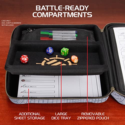 ENHANCE RPG Organizer Case - DnD Binder with Built-in Character Sheet Holder and Erasable Scribe Panel, Dice Rolling Area, Removable Pen Pouch, Miniature Foam Tray, Wrist Strap - color: Dragon Silver
