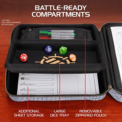 ENHANCE RPG Organizer Case - DnD Binder with Built-in Character Sheet Holder and Erasable Scribe Panel, Dice Rolling Area, Removable Pen Pouch, Miniature Foam Tray, Wrist Strap - color: Dragon Silver