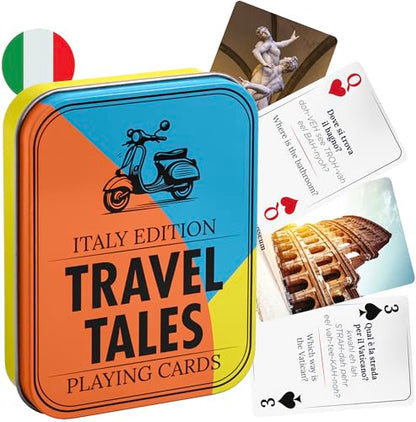 All7s Travel Tales Italy - Italian Playing Cards & Gifts for Adults | Trip essentials and must-haves in a pocket tin, learn key phrases on the go, souvenir and honeymoon keepsake for couples