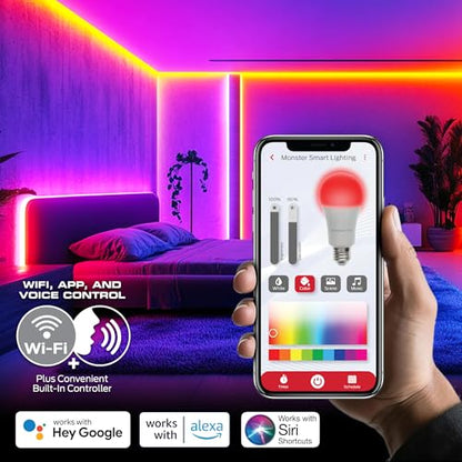 Monster Smart RGB+IC LED Strip Lights – Sound Reactive Strip Lights for Bedroom, App & Voice Control, RGB Light Strip for Room, Alexa Google Home, Razer Chroma Sync (100ft) - size: 100ft