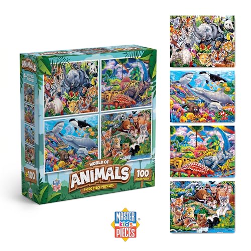 MasterPieces Jigsaw Puzzle Set for Kids, 4-Pack of 100 Piece Puzzles, Educational Animal Theme, Fun Game, Gift Idea, 8" x 10" - style: World of Animals V1