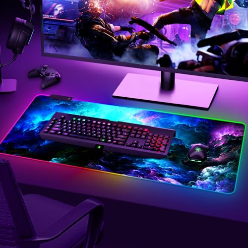 RGB Gaming Mouse Pad Large, Extended LED Mouse Mat XXL 35.4x15.7 inch, 14 Lighting Modes, 2 Brightness, Non-Slip Rubber Base Mousepad Waterproof Keyboard Mat,Fantasy Nebula Sky - color: Fantasy Nebula Sky