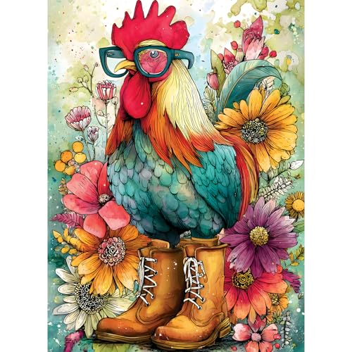 500 Piece Jigsaw Puzzles for Adults, Whimsical Rooster 500 Piece Puzzle, Colorful Floral Art with Hipster Chicken and Sunflowers Jigsaw Puzzles, Relaxing Gift for Adults, Seniors, 20.5 x 15 in - style: Cool Rooster