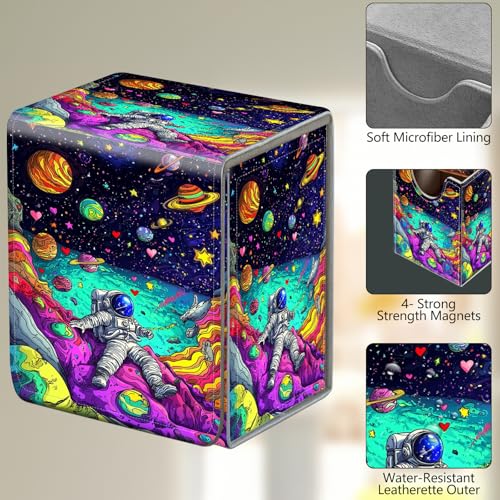 Card Deck Box, Card Storage Box Fits 100+ Single Sleeved Cards, Large Capacity PU Leather Card Storage Box with Strong Magnet for Magic Commander TCG/CCG, Floating Planets Astronauts - color: Floating Planets Astronauts