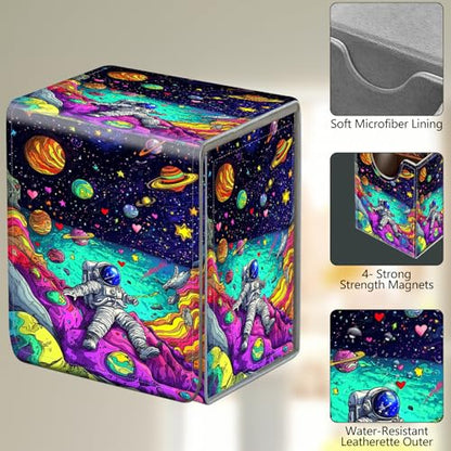 Card Deck Box, Card Storage Box Fits 100+ Single Sleeved Cards, Large Capacity PU Leather Card Storage Box with Strong Magnet for Magic Commander TCG/CCG, Floating Planets Astronauts - color: Floating Planets Astronauts