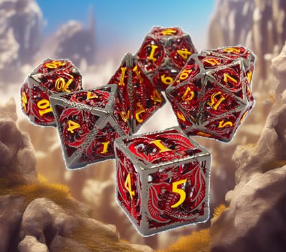 Metal DND Dice Set Dungeons and Dragon Dice Set Hollow Dragon Polyhedral Magic 7 PCS Dice Set with Gift Metal Box for Dungeons and Dragons Table Games Play Cards MTG(Dragon_Black Red Plus Gold) - color: Dragon_black Red Plus Gold