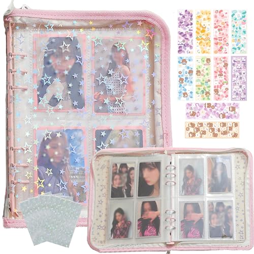 Kpop Photocard Binder with 6 Stickers Sheet & 50 Shinning Protective Card Sleeves Kpop Photocard Holder Book, A5 Binder Photocard Album 25 Inner Pages with 200 Pockets 6 Ring (Pink) - color: Pink