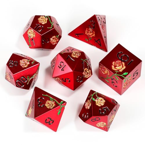 Rose Engraved Metal Dice Set 7PCS for DND RPG Tabletop Gaming | Solid zinc alloy build with 150g weight for balanced rolls(Red with Golden Rose) - color: Red With Golden Rose