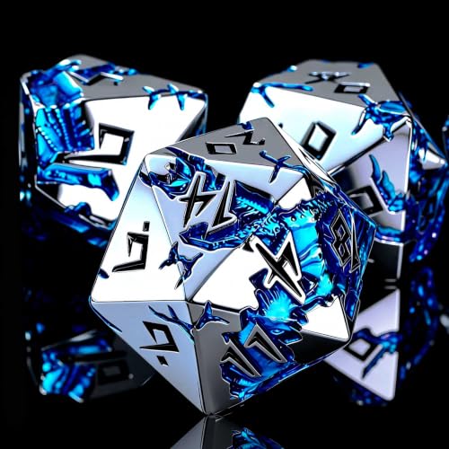 D&D Metal Dice Set, 7 Die Weighted Polyhedral Dice for Dungeons and Dragons and Pathfinder, Blue Dragon Engraved RPG Dice with Easy Read Numbers & Protective Gift Box for Tabletop Role Playing Games - color: Silver Black