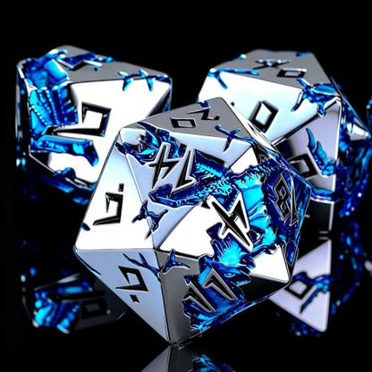 D&D Metal Dice Set, 7 Die Weighted Polyhedral Dice for Dungeons and Dragons and Pathfinder, Blue Dragon Engraved RPG Dice with Easy Read Numbers & Protective Gift Box for Tabletop Role Playing Games - color: Silver Black