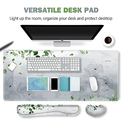 ARTSO Gaming Mouse Pad Wrist Support Set, XXL Large Desk Mat Mousepad + Keyboard Wrist Support+ Mouse Wrist Rest+Coaster 4in1 Ergonomic, Memory Foam -Green Leaves and Line Flower - color: Green leaves and Line Flower
