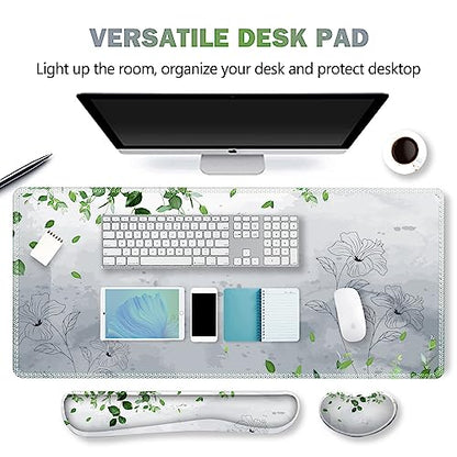 ARTSO Gaming Mouse Pad Wrist Support Set, XXL Large Desk Mat Mousepad + Keyboard Wrist Support+ Mouse Wrist Rest+Coaster 4in1 Ergonomic, Memory Foam -Green Leaves and Line Flower - color: Green leaves and Line Flower