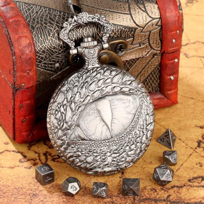 Mini DND Dice Set with Retro Dragon's eyes Pocket Watch Shell Case, DND Starter Set, 7pcs Polyhedral Mini Metal Dice Set, D&D Gifts with Gift Bag, Role Playing Board Game Accessories, Dark Silver - color: Dark Silver