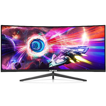 Sceptre 34-Inch Curved Ultrawide WQHD Monitor (3440 × 1440), R1500, up to 180Hz/165Hz, DisplayPort x2, 99% sRGB, 1ms, Built-in Speakers, Machine Black, 2025 (C345B-QUT168) | 34 Va 1500r Curved Wqhd, 1ms Mprt, 99% Srgb, Dp1.4×2, Hdmi2.0×2, Built-in 2×3w Sp