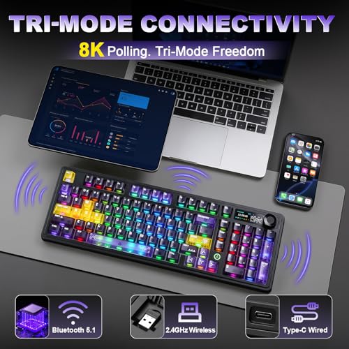 AJAZZ AK980 V2 Pro Mechanical Keyboard, 10000mAh Battery & Dual 8K Tri-Mode Gaming Keyboard with LCD Screen & Metal Knob, Hot Swappable Creamy Keyboard,for Win/Mac(Purple,Lychee Switch) - color: Purple