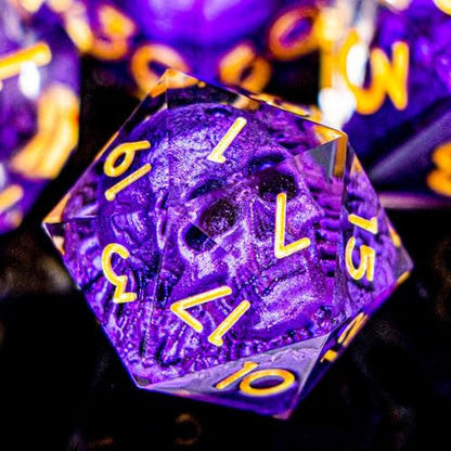 DND Skull Dice Set 7PCS Necromancer Polyhedral Dice for Dungeons Dragons RPG Role Playing Game, Resin Sharp Edged D and D Dice with Gift Box D6 D8 D10 D12 D20 (Purple) - color: Purple&gold
