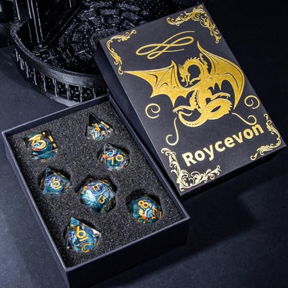 Roycevon Dragon Pattern Liquid Core DND Dice Set, 7Pcs Sharp Edge Dice with Gift Box, Resin Blue Dungeons Dragons D and D Role Playing Dice D20 D12 D10 D8 D6 D4 - color: Blue Gold