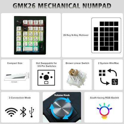 FKZ GMK26 Mechanical Numpad,Gasket VIA Macro Numeric Keypad Hot Swap Wireless 2.4G/BT5.0/Wired USB-C RGB Backlit 26 Keys Mini Protable Number Keyboard Programmable for Win/Mac/Gaming (Black) - color: Black