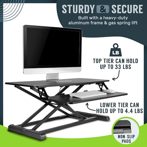 TechOrbits Standing Desk Converter - 32 Inch Adjustable Sit to Stand Up Workstation, Particle Board, Dual Monitor Desktop Riser with Keyboard Tray, for Home Office Laptop, Black 32" - size: 32" Particle Board