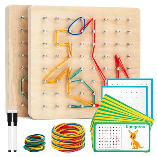 2Pack Wooden geoboards with Rubber Bands Montessori Toys, Mathematical Education Toy for Kids with Pattern Cards and geo Boards to Figures and Shapes, Brain Teaser STEM Toys for Classroom.