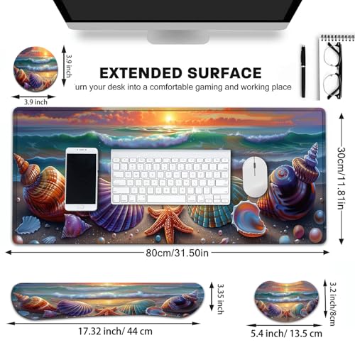 Large Gaming Mouse Pad+ Keyboard Wrist Rest Set, Ergonomics Memory Foam Mouse Mat Wrist Rest Support for Home Office, Waterproof Extended Mousepad 31.5x11.8in, Sea Waves Shells Desk Pad - color: Yvb-mousepad-9-f-168