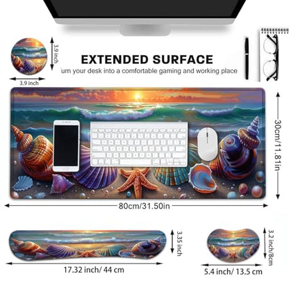 Large Gaming Mouse Pad+ Keyboard Wrist Rest Set, Ergonomics Memory Foam Mouse Mat Wrist Rest Support for Home Office, Waterproof Extended Mousepad 31.5x11.8in, Sea Waves Shells Desk Pad - color: Yvb-mousepad-9-f-168