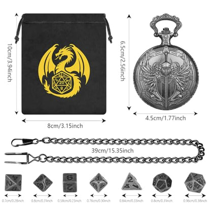 Mini DND Dice Set with Steampunk Paladin Pocket Watch Shell Case, DND Starter Set, 7pcs Polyhedral Mini Metal Dice Set, DND Gifts with Gift Bag, Role Playing Board Game Accessories, Silver - color: Dark Silver