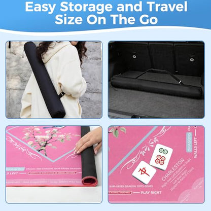 American Mahjong Mat with Rules for Table Floral Bird Design | Non Slip Noise Reduction Mah Jong Mat Mahjong Table Mat with Carry Bag for Playing Tiles Poker Board Games(Light Pink) - color: Light Pink