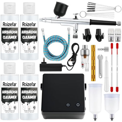 Roizefar Airbrush Kit with Compressor, 55 PSI Gun with Cleaners & Nozzles | 4x3.38 fl oz Cleaner, 0.2/0.3/0.5mm Nozzles, Cleaning Brush, Non-Clogging, for Painting, Modeling, Nail Art, Makeup, DIY