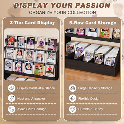 Emfogo Trading Card Display, 3-Tier Card Display Stand with 5-Row Storage, Wooden Graded Card Display with Card Stoppers, Large Capacity Sports Card Display Case for Card Game Collection (Black) - color: Black