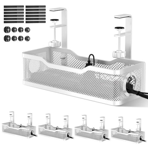 Cinati Under Desk Cable Management Tray White,13.5" Wire Organizer No Drill | 4 Pack, Metal Cable Tray with Clamp for Wire Management, Cord Organizer Box for Office Home Standing Desk, No Damage to Desk - color: White, size: 13.4"-4 Pack