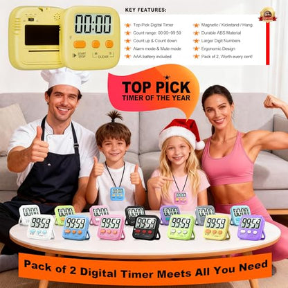 2 Pack Digital Timer for Kids Classroom Kitchen Timers for Cooking | w/ Battery, Easy to View, Alarm, Mute Mode, Count Down/Up, Magnetic, Kickstand, Hanging, Classroom Timer for Teacher Supplies - color: Yellow