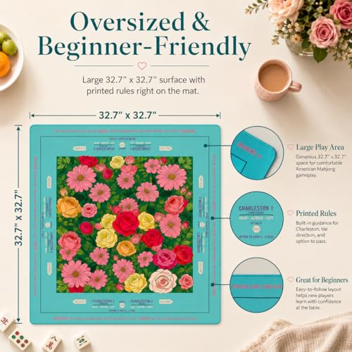 Red Rose Mahjong Mat 33x33 Inch, Floral Mahjong Mat with Carry Bag, Non-Slip Noise Reducing Waterproof Mahjong Table Mat for American Mahjong, Poker & Board Games