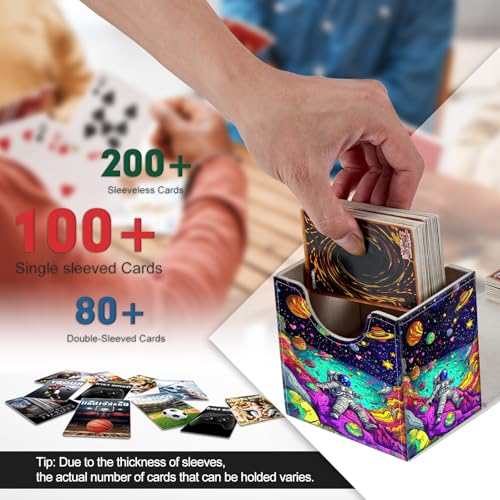 Card Deck Box, Card Storage Box Fits 100+ Single Sleeved Cards, Large Capacity PU Leather Card Storage Box with Strong Magnet for Magic Commander TCG/CCG, Floating Planets Astronauts - color: Floating Planets Astronauts