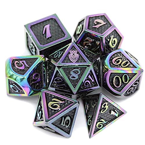 HEIMDALLR Metal DND Dice Set 7 pcs - Dragonhide Design, 16mm Size, Logo on D20; Metal Dice Set & Dice Box; D&D Dice Set D&D (Dungeons and Dragons Dice Set) - Jormungandr Series (Prismatic Dragon) - color: 11 Prismatic Dragon