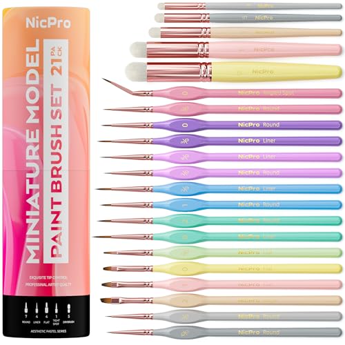Nicpro 21PCS Fine Detail Paint Brush, Miniature Paint Brushes Drybrush Set | Aesthetic Pastel Paint Brush, For Acrylic Oil Watercolor, Crafts, 40K Models, Miniatures, Rock Painting, Paint by Numbers - size: 21 PCS