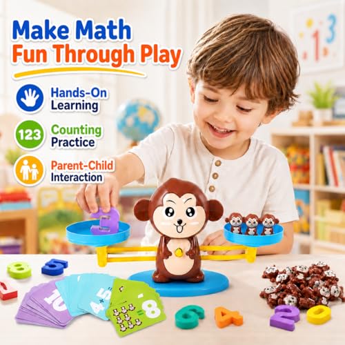 CozyBomB™ Monkey Scale Balance Toy, Number Counting Math Games | STEM Preschool Learning Toys Educational Gifts Boy Girl Birthdays Christmas for 3 4 5 Year olds Homeschool Kindergarten - color: Brown
