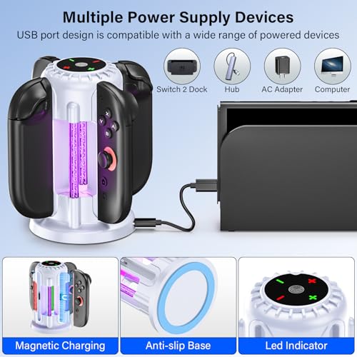Switch 2 Joycon Charger - Charging Dock for 2025 Nintendo Switch 2 JoyCon Controllers, Magnetic & Bubble LED Light, Fast Charging Station for Nintendo Switch2 Joy-con 2 Controllers Accessories, White - color: White