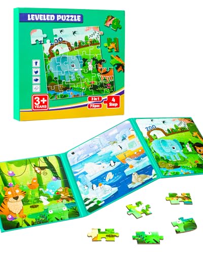 Magnetic Puzzles for Kids Ages 3-5, 3 in 1 Animal Magnet Jigsaw Puzzle Book for Toddlers, Car Airplane Road Trip Activities Toys for 3 4 5 6 Year Old Girls Birthday (Animal) - style: Level 3 Animal