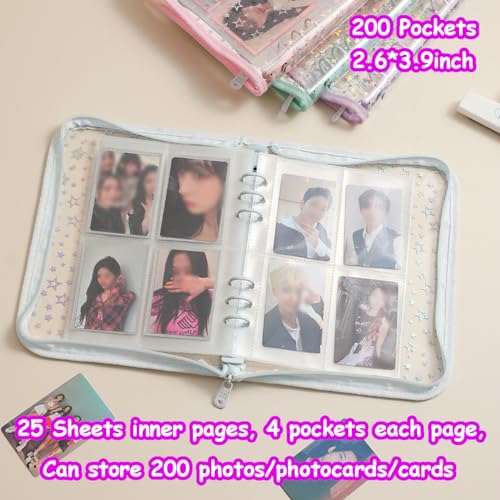 Kpop Photocard Binder A5 Kpop Photocard Holder Book with 50pc Holographic Photocard Sleeves&10 Korean Stickers, 6 Ring A5 Binder Photocard Album 25 Inner Pages with 200 Pockets - color: Lightblue