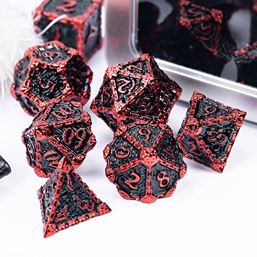 Cusdie 7Pcs Metal Dice with Metal Box, Dagger Design Polyhedral DND Dice Set, for Role Playing Game D&D Dice (Black with Red Font) - color: Black With Red Font