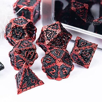 Cusdie 7Pcs Metal Dice with Metal Box, Dagger Design Polyhedral DND Dice Set, for Role Playing Game D&D Dice (Black with Red Font) - color: Black With Red Font