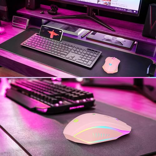 Wireless Gaming Mouse, Rechargeable Computer Mouse, 7-Color LED Light, Ergonomic Mouse with 6 Silent Click Buttons, 3 Adjustable 2400 DPI Wireless Mouse for Laptop,PC,Mac, Pink - color: Pink