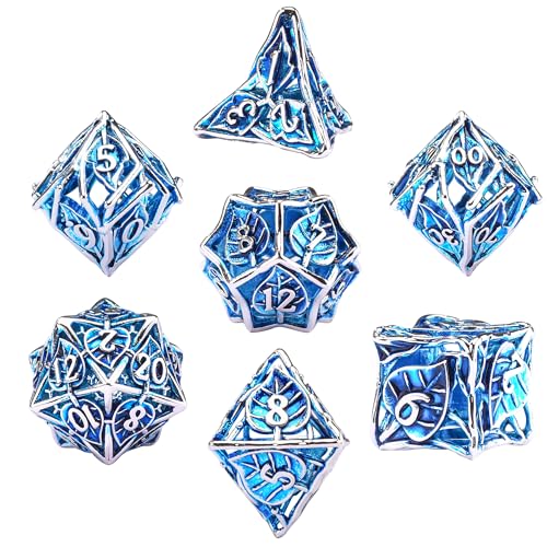 AUSTOR Metal DND Dice Set 7 Pieces Leaf DND Dice Hollow Polyhedral Dice D20 D12 D10 D% D8 D6 D4 Metal Dice with Metal Box for Dungeons & Dragons RPG Board Games (Blue & Silver) - color: Blue & Silver