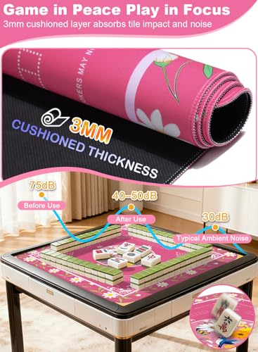 Crease-Free Mahjong Learning Mat 33.1" x 33.1", American Mah Jongg Mat with Rules, Quiet Non-Slip Large Mahjong Table Cover, Floral Gaming Mats for Mahjong, Poker, Dominoes & Board Games (Rose Pink) - color: Rose Pink