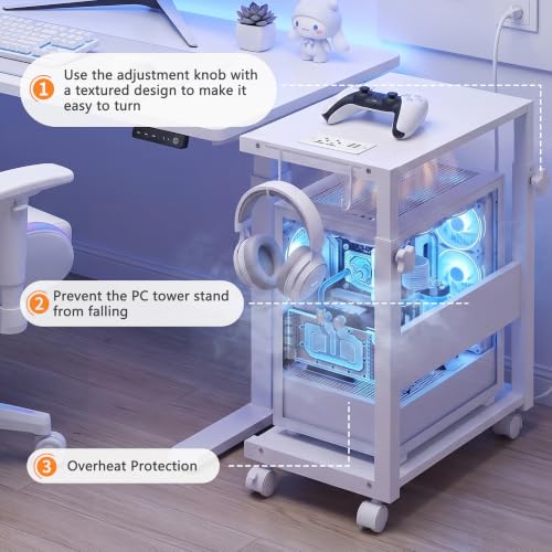 Height Adjustable PC Tower Stand with Charging Station | Computer Tower Stand with LED Light Strip,Mobile Rolling CPU Holder for Office Home - color: White, size: 19.29'' × 11.42'