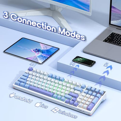 AULA Mechanical Keyboard, Wireless Gaming Keyboards 99 Keys Tri-Mode BT5.0/2.4GHz/USB-C Hot Swappable Custom Creamy Keyboard,RGB Backlit Computer Keyboards w/Pre-lubed Linear Switches Gasket Structure - color: White&Blue&Purple