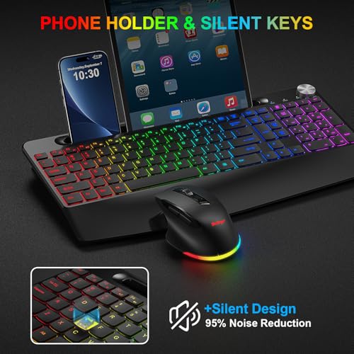 BlueFinger Wireless Keyboard and Mouse Combo Backlit, 2.4G Rechargeable Ergonomic Gaming Keyboard with Wrist Rest, Phone Holder, Volume Knob, Silent Light Up Keyboard with Mouse for Computer Laptop